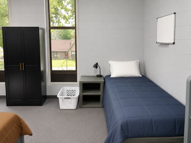 Bedroom decorated in navy